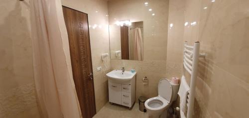 ein Badezimmer mit einem WC, einem Waschbecken und einem Spiegel in der Unterkunft Boutique Hotel Dany in Tbilisi City