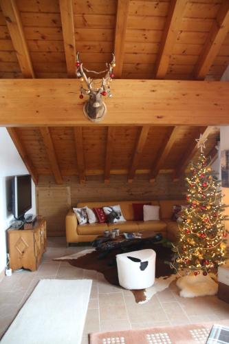 a living room with a christmas tree and a couch at Rodasia in Verbier