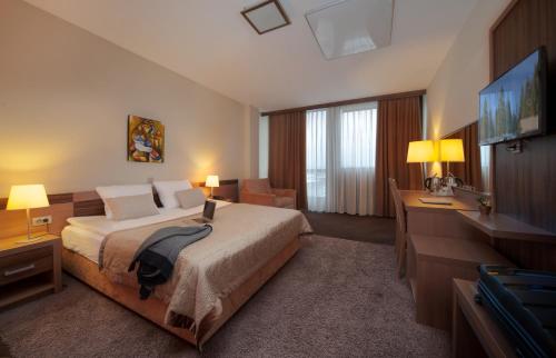 a hotel room with a bed and a flat screen tv at Hotel Kras in Postojna