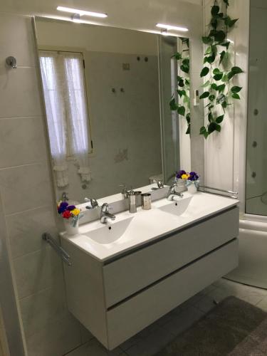a bathroom with a sink and a large mirror at Casa jole in Assemini