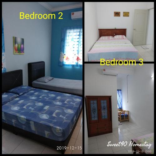two pictures of a bedroom with a bed and a door at Sweet40 Homestay in Kampong Batu Lapan