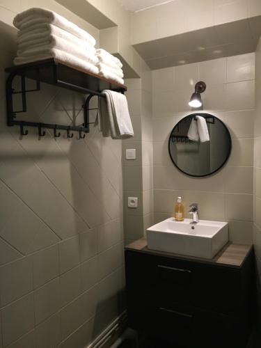 une salle de bain avec un lavabo, un miroir et des serviettes dans l'établissement Le Petit Hameau de Chantilly - Studio 4 pers Chic et Charme au Coeur de Chantilly - Classé 3 étoiles, à Chantilly