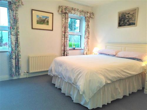 a bedroom with a large bed and two windows at Ravens Oak, West Cork in Bantry