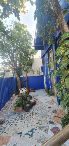 a blue building with a table and a tree at Bloom! exclusive boutique b&b in Playa del Carmen