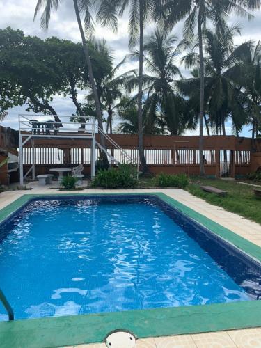 a swimming pool with a fence and palm trees at Gallina E Palo Beachfront Hotel in Jacó