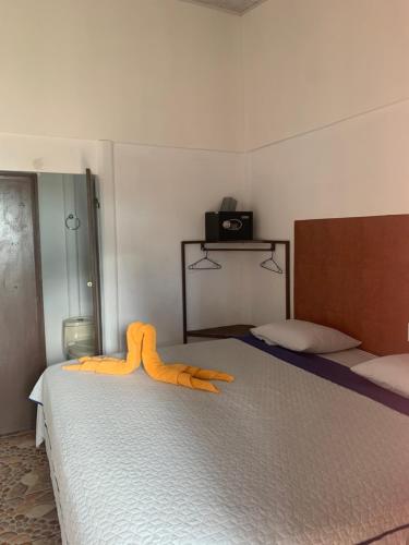 an orange stuffed animal sitting on a bed in a room at Gallina E Palo Beachfront Hotel in Jacó