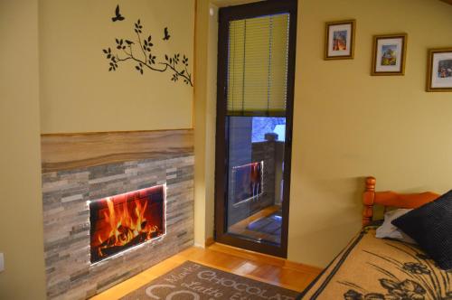 a living room with a fireplace and a window at Apartments Josipovic in Zlatibor
