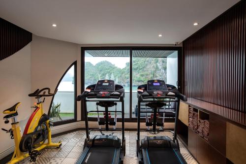 a gym with treadmills and exercise bikes in front of a window at Stellar of the Seas Cruise in Ha Long