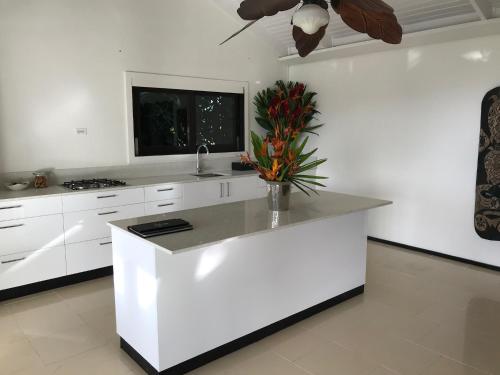 a white kitchen with a counter with a vase of flowers on it at Taveuni Palms Resort in Matei