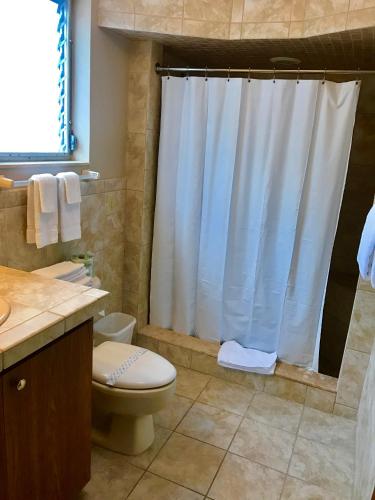 a bathroom with a toilet and a shower curtain at Ragged Edge Resort & Marina in Islamorada