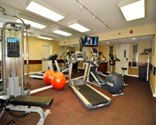 a gym with several tread machines and a television at Holiday Inn Express Hotel & Suites Port Clinton-Catawba Island by IHG in Port Clinton