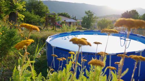 a blue and white tub in a field with flowers at Alle Vecchie Querce in Fontecchio