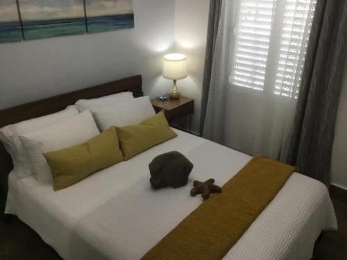 un animal de peluche está sentado en una cama en 2 bdr beach apartment, generator parking included, en San Juan