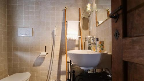 a bathroom with a sink and a shower and a toilet at Alle Vecchie Querce in Fontecchio