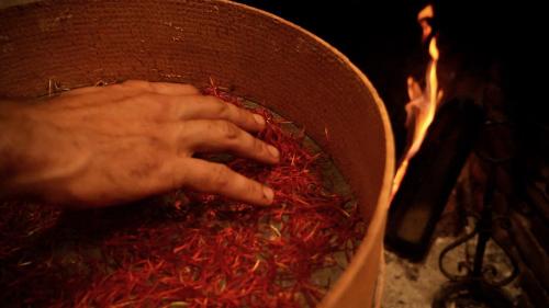 a hand reaching into a pot filled with red peppers at Alle Vecchie Querce in Fontecchio