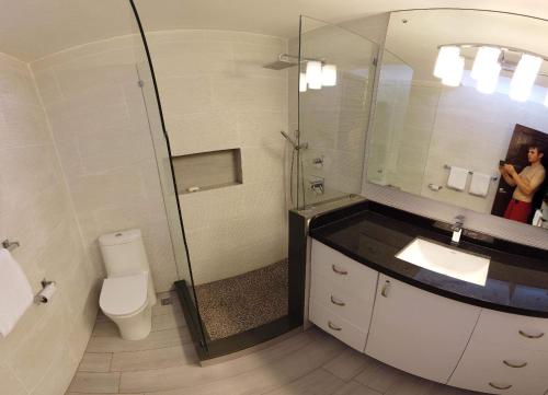 a bathroom with a sink and a toilet and a mirror at Nanny Estates Cabarete kiters Condo C-6 in Cabarete
