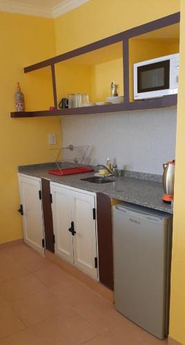 a kitchen with a counter and a sink and a microwave at Suyana Departamentos in Tinogasta