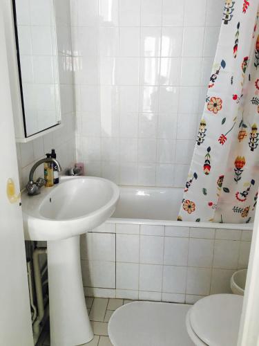 une salle de bain avec un lavabo, une baignoire et des toilettes dans l'établissement Best located flat in Saint-Germain-des-Prés, à Paris