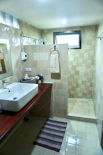 a bathroom with a sink and a shower at Tha Ma-O Bouteak homestay - ท่ามะโอบูทีคโฮมสเตย์ - pet friendly in Lampang