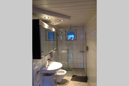 ein Badezimmer mit Toilette, Dusche und Waschbecken in der Unterkunft Urlaub mit Blick auf Schiltachs Fachwerkhäuser in Schiltach