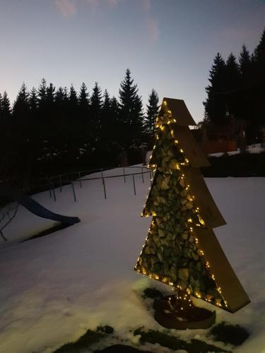 a christmas tree with lights in the snow at Knusperhäuschen Maria Nikoletta in Witra