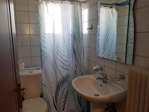 łazienka z umywalką, toaletą i zasłoną prysznicową w obiekcie Hotel Ionion w mieście Kyllini