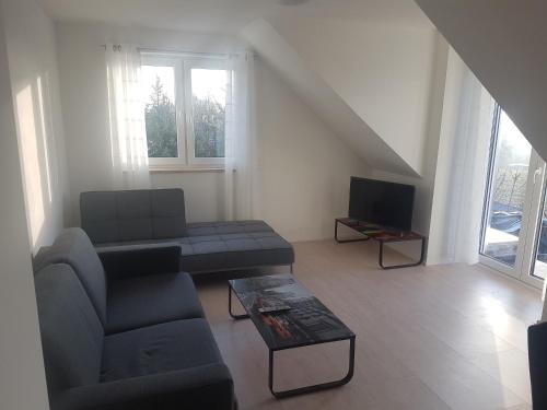 a living room with a couch and a tv at 50 Quadratmeter abgeschlossene Wohnung mit Panoramablick in Pfaffenhofen an der Ilm