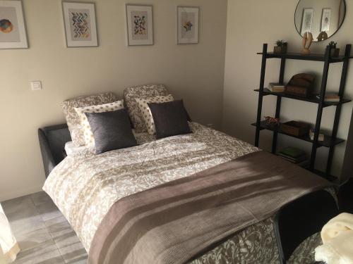 - une chambre avec un grand lit et une couverture dans l'établissement Bord de mer, studio avec terrasse, à Villeneuve-Loubet