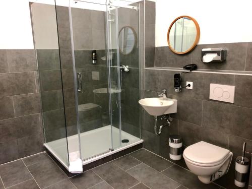 a bathroom with a shower and a toilet and a sink at Sandmann Boutique Hostel Hotel in Hamburg