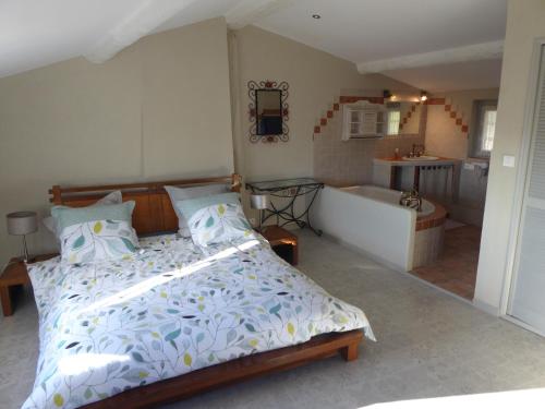 ein Schlafzimmer mit einem Bett und einer Badewanne in einem Zimmer in der Unterkunft La Jubilotte in Beaumes-de-Venise