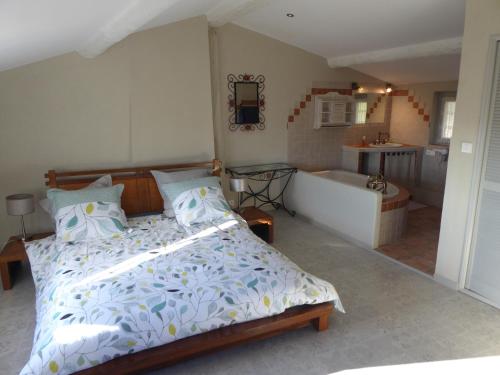 Un dormitorio con una cama y una bañera en una habitación. en La Jubilotte, en Beaumes-de-Venise