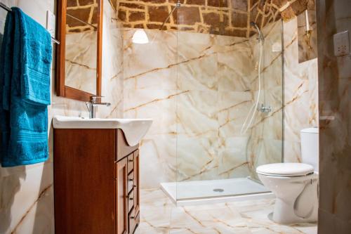 uma casa de banho com um lavatório, um WC e um chuveiro em Ta' Marta Lodge em Victoria