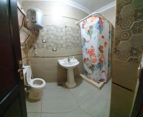 a bathroom with a sink and a toilet and a shower curtain at Charming sunset,Panoramic Nile view & pyramid view in Cairo