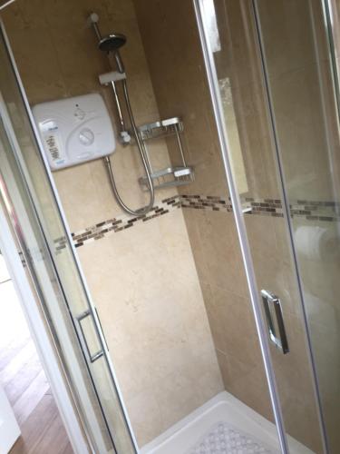 a shower with a glass door in a bathroom at Kits Lodge Crover in Cavan