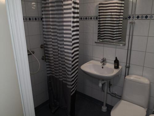 a bathroom with a sink and a toilet and a shower at Romme stugby in Borlänge