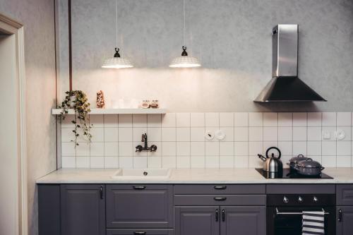 a kitchen with a sink and a counter top at Lucerna - dům s duší Příbor in Příbor