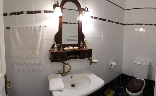 a bathroom with a sink and a mirror and a toilet at Villa ADA in Hydra