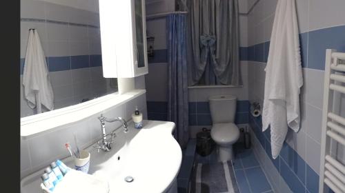 a blue and white bathroom with a toilet and a sink at Villa ADA in Hydra