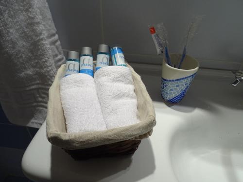 a basket of towels and toothbrushes sitting on a toilet at Villa ADA in Hydra