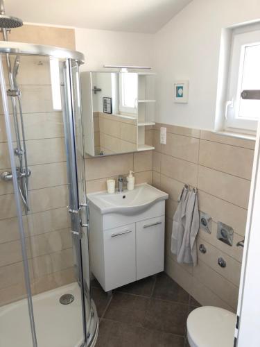 ein Bad mit einem Waschbecken, einer Dusche und einem WC in der Unterkunft Apartment Nanito in Trogir