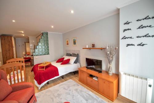 um quarto com uma cama e uma televisão num quarto em Loft Vigo em Vigo