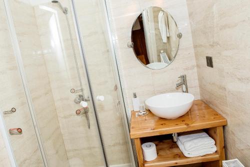 a bathroom with a sink and a shower at Playa Maqui Lodge in Frutillar