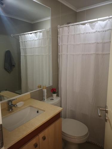 a bathroom with a white shower curtain and a toilet at Depto 1 Dormitorio Centro Blanco 702 estacionamiento in Temuco