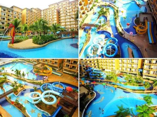 a collage of four pictures of a water park at Izz room studio Gold Coast Morib Resort in Banting