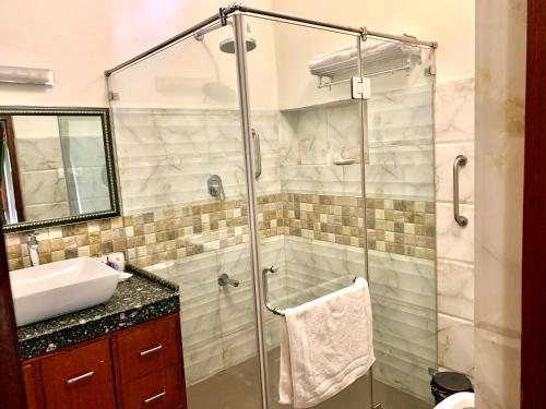 ein Badezimmer mit Dusche und Waschbecken in der Unterkunft Camellia Heritage Homestay in Jaipur