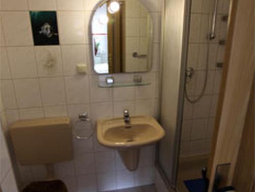 y baño con lavabo y ducha con espejo. en Ferienwohnung Noack, en Kranichfeld