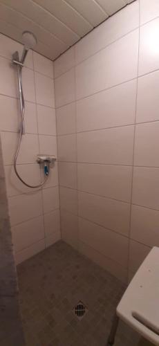 a bathroom with a shower and a tile wall at Gästehaus Probst in Alken