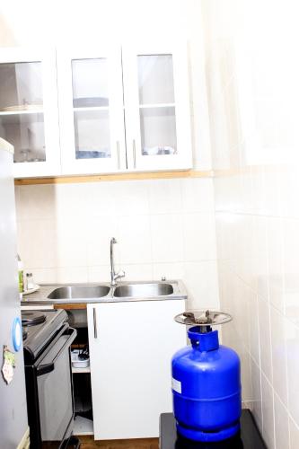 a small kitchen with a blue water cooler in the kitchen at Villa Prince in Harare