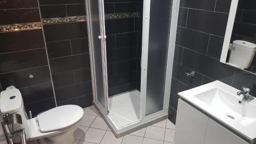 a bathroom with a shower and a toilet and a sink at appartement charmante à Cabo negro in Martil