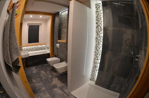 a bathroom with a sink and a toilet and a shower at HARLEY STYLE APARTAMENT in Muszyna